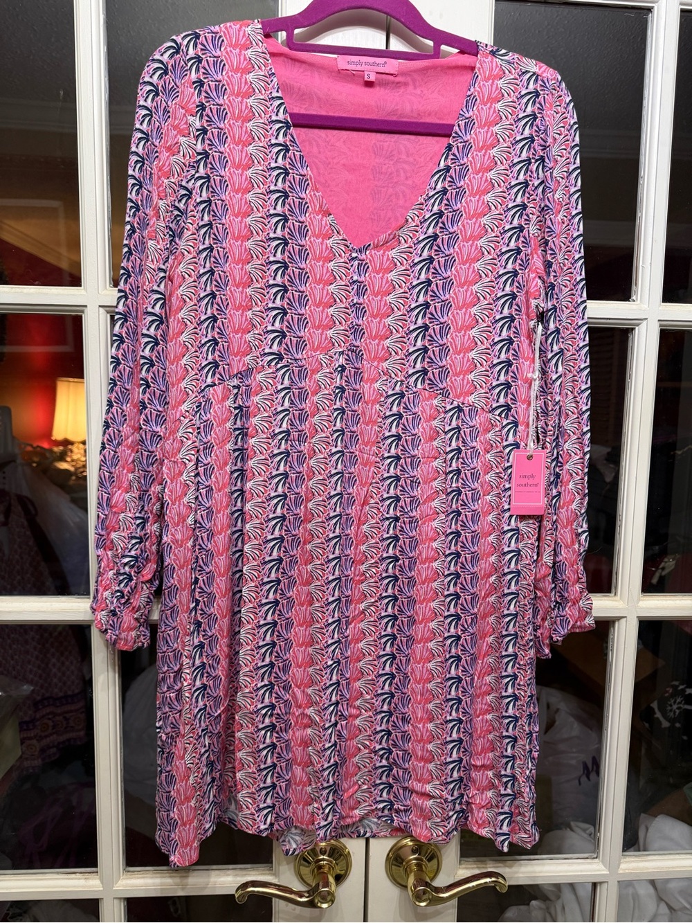 Simply Southern Pink Blue Printed V-Neck Long Sleeve Dress